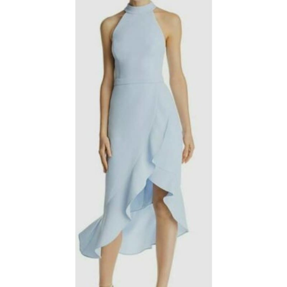AQUA SZ 10 Blue Hi Low Ruffled Midi Halter Faux Wrap  Dress NWT$238 B91